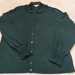 Boden Sz 12 Dark Green Ruffle Collar Button-Front Cardigan
